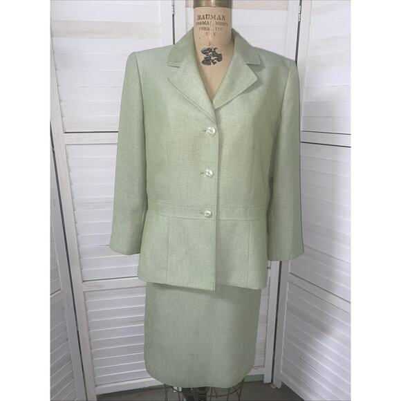 90s SUIT STUDIO 2pc Green Polyester SKIRT SUIT Sz 16 Pencil Lined Single Breast - Picture 1 of 13